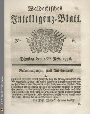 No. 6. Dienstag den 26ten Nov. 1776