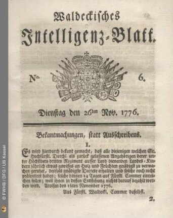 No. 6. Dienstag den 26ten Nov. 1776