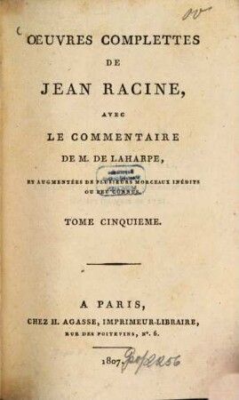 Oeuvres complètes de Jean Racine. 5. Esther. Athalie. [u.a.]. - 408 S.