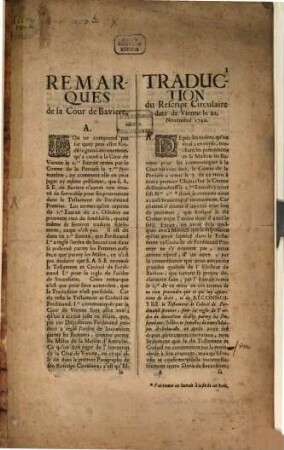 Remarques de la Cour de Bavière : Traduction du Rescript Circulaire date de Vienne le 21. Novembre 1740.