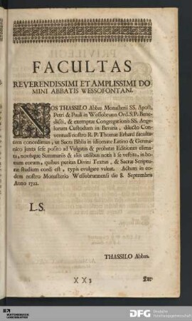 Facultas Reverendissimi et Amplissimi Domini Abbatis Wessofontani