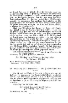 Prüfung für Lehrerinnen der Hauswirtschaftskunde : [E. Schullehrer- und Lehrerinnen-Seminare etc., Bildung der Lehrer und deren persönliche Verhältnisse]