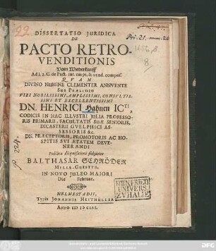 Dissertatio Iuridica De Pacto Retrovenditionis
