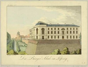 Die Bürgerschule in Leipzig auf dem Fundament der Moritzbastei südöstlich der alten Stadtmauer, Baubeginn 1796, Blick auf die Pleißenburg in südwestliche Richtung