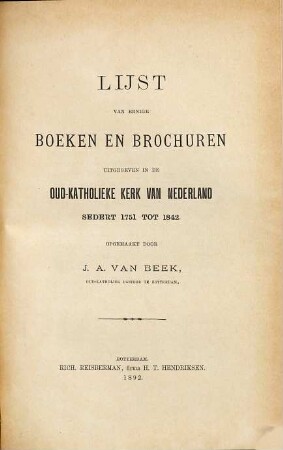 Lijst van eenige Boeken en Brochuren uitgegeven in de Oud-Katholieke Kerk van Nederland, 2