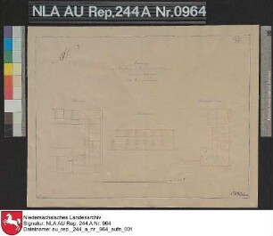 Grundriß und Seitenansicht des Badehauses mit Stallgebäude auf NORDERNEY Kolorierte Zeichnung von A. F. Doeltz Papier auf Leinen Format 38,8x29,8 M 1:220