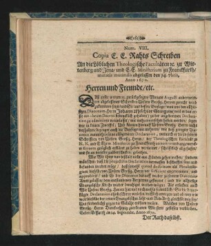 Num. VIII. Copia E.E. Rahts Schreiben ... Anno 1670.