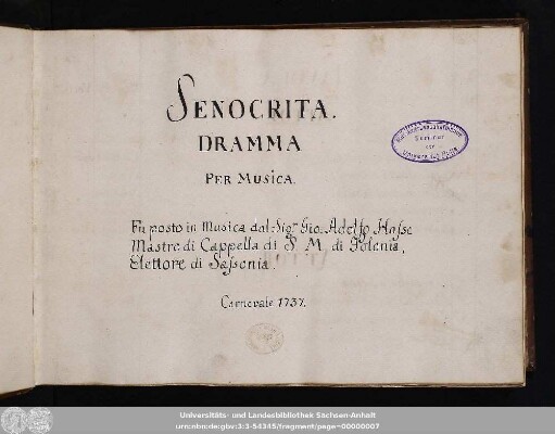 Senocrita : dramma per musica : Opera seria in 5 Akten