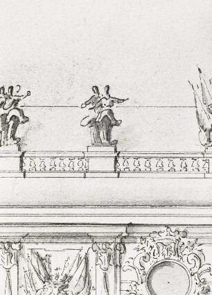 Matthäus Daniel Pöppelmann: Entwurf für die Erweiterung des Dresdner Schlosses, um 1712/13 : 2. Planung, Variante mit 2 Kuppeln, Ausschnitt: Balustraden mit Figuren