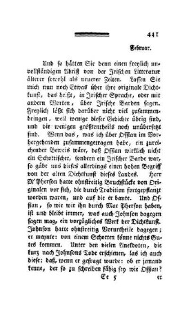 London, Februar. Ueber Irische Dichtkunst und Irische Barden - Johnsons Urtheil über Ossians Gedichre - Spencers Stelle über die Irische Dichtkunst - Probe eines Irischen Gedichts aus den Zeiten Jakobs l. - Zwe