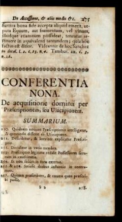 Conferentia Nona. De acquisitione dominii per Praescriptionem, seu Usucapionem