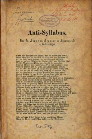 Anti-Syllabus : Von Hermann Krasser. [soll heissen: Friedrich Krasser] [Kopftitel]