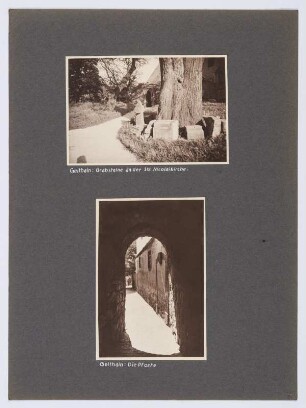 Referenzmappe 3/17 des Fotografen Walter Möbius : Mappenblatt 35 mit zwei Fotografien (Grabsteine an der Nikolaikirche und Pforte in Geithain)