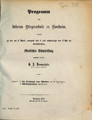 Programm der Höheren Bürgerschule zu Northeim : womit zu d. am ... stattfindenden öffentl. Schulprüfung ergebenst einladet ... 1878/79
