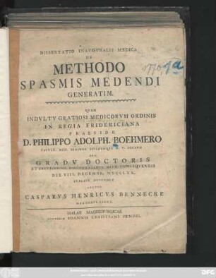 Dissertatio Inavgvralis Medica De Methodo Spasmis Medendi Generatim