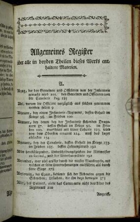 Allgemeines Register über alle in beyden Theilen dieses Werks enthaltene Materien.