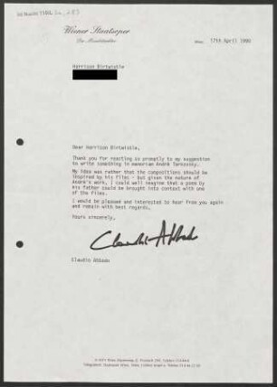 Brief an Harrison Birtwistle, 17.04.1990