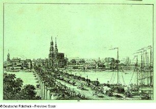 Dresden, Augustusbrücke, Planwagen, Reiter, Kutschen, Radierung von A.L.Richter