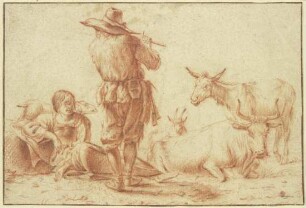 Ein Hirte in Rückenansicht bläst die Flöte, eine Hirtin sitzt dabei mit einigem Vieh