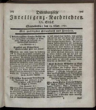 XX. Stück. Sonnabends: den 19. May 1781.
