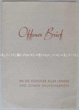 Flugschrift mit dem Wortlaut eines "Offenen Briefes" der Gewerkschaft Kunst an alle Künstler Deutschlands anlässlich des 10. Jahrestages des Beginns des 2. Weltkrieges