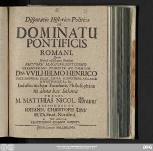Disputatio Historico-Politica De Dominatu Pontificis Romani
