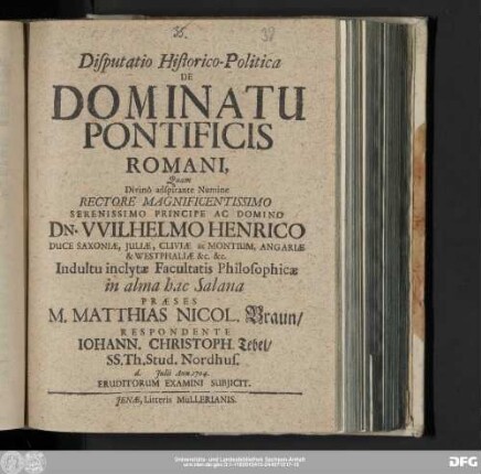 Disputatio Historico-Politica De Dominatu Pontificis Romani