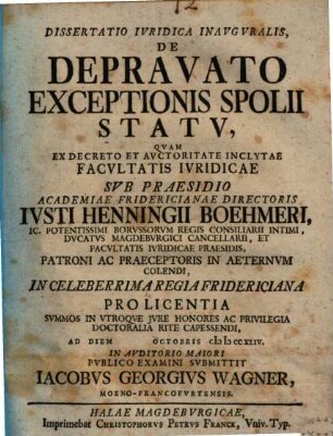 Diss. iur. inaug. de depravato exceptionis spolii statu