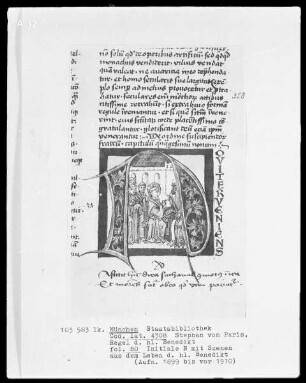 Stephan von Paris, Auslegung der Regel des heiligen Benedikt — Initiale N (oviter), darin der Teufel Benedikt erscheint, Folio 80recto