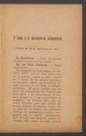 El censo y la representación parlamentaria : (Sesión del 28 de septiembre de 1918)