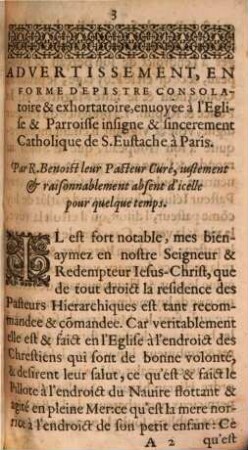 Advertissement En Forme D'Epistre consolatoire & exhortatoire : enuoyee à l'Eglise & Parroisse insigne & sincerement Catholique de S. Eustache à Paris