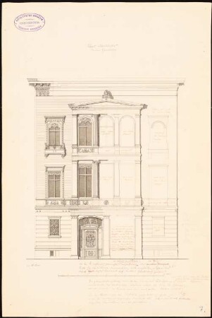 Wohn- und Geschäftshaus Mendelssohn & Co Jägerstraße 52, Berlin: Aufriss der Vorderfront (mit Anweisungen für den Stecher)