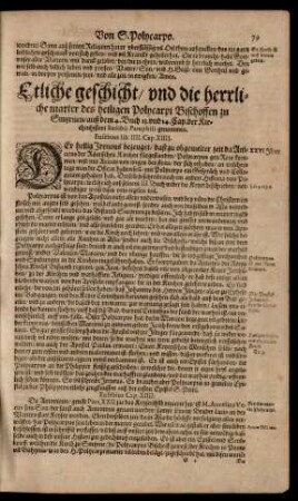 Etliche geschicht/ und die herrliche marter des heiligen Polycarpi Bischoffen zu Smyrnen/ ...