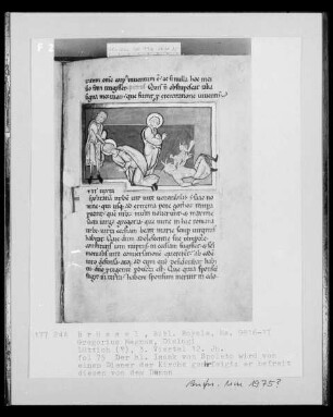 Ms 9916-17, Gregorius Magnus, Dialogi, fol. 75: Der heilige Isaak von Spoleto wird von einem Diener der Kirche geohrfeigt; er befreit diesen von dem Dämon