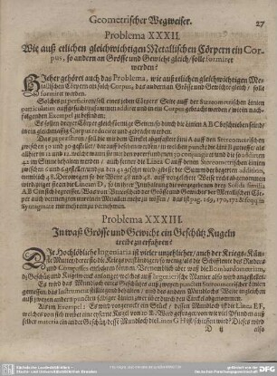 Problema XXXIII. In waß Grösse und Gewicht ein Geschütz Kugeln treibe zu erfahren?