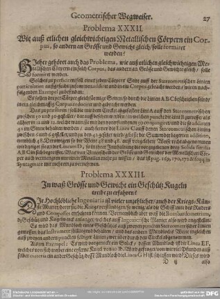 Problema XXXIII. In waß Grösse und Gewicht ein Geschütz Kugeln treibe zu erfahren?