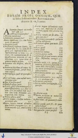Index Eorum Prope Omnium, Quae in hisce Institutionibus Anatomicis enucleantur et explicantur.