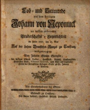 Lob- und Sittenrede auf den hl. Johann von Nepomuk