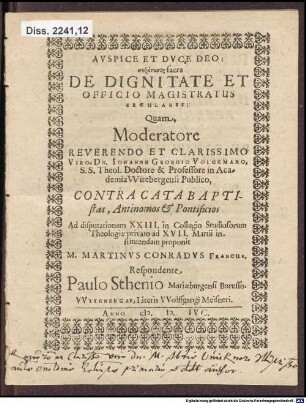 De Dignitate Et Officio Magristratus Secularis