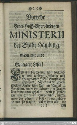 Vorrede Eines Hoch-Ehrwürdigen Ministrerii der Stadt Hamburg
