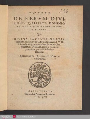 Theses de rerum divisione, qualitate, dominio et modis acquirendi naturalibus