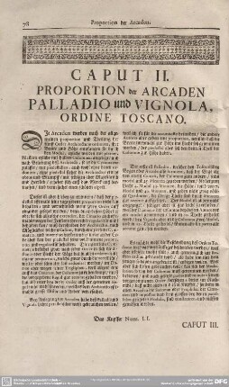Caput II. Proportion der Arcaden Palladio und Vignola, Ordine Toscano.