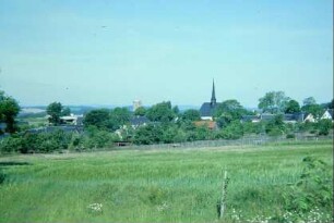 Ortsansicht von SO: Gärten begrenzen Dorf, Kirchturm ragt heraus