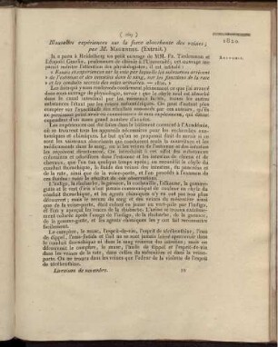 Nouvelles expériences sur la force absorbante des veines