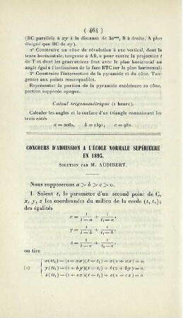 Concours d'admission a l'École Normale supérieure en 1893.
