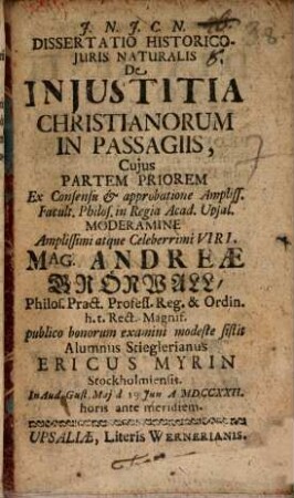 Diss. hist. iuris nat. de iniustitia Christianorum in passagiis