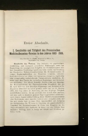 Erster Abschnitt. I. Geschichte und Tätigkeit des Preussischen Medizinalbeamten-Vereins in den Jahren 1883-1908