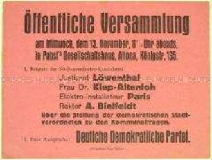 Handzettel mit Ankündigung einer öffentlichen Versammlung der Deutschen Demokratischen Partei mit Stellungnahmen der demokratischen Stadtverordneten zu den Kommunalfragen