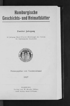 1. Bd. 2.1927: Hamburgische Geschichts- und Heimatblätter
