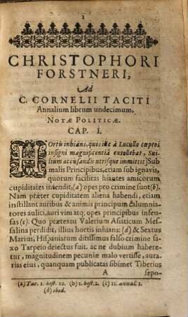Christophori Forstneri Austrii, Ad libros Annalium XI. XII. XIII. C. Cornelii Taciti Notæ Politicæ : Quæ sunt Continuatio Notarum Politicarum Eiusdem Autoris, Ad sex libros priores
